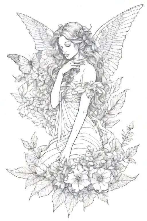fallen angel surrounded by leaves, butterflies and flowers  tattoo design idea