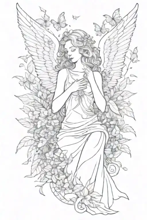 angel with broken wings surrounded by leaves, butterflies and flowers  tattoo design idea