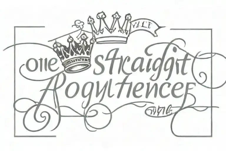 one straight sentence Loyalty over royalty text cursive font with a crown by loyalty and a money bag by royalty simple tattoo design idea