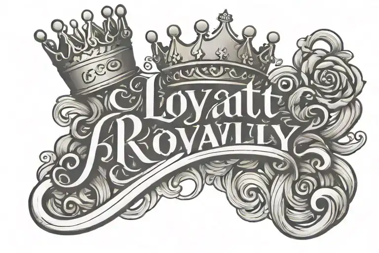 Loyalty over royalty text cursive font with a crown by loyalty and a money bag by royalty simple tattoo design idea