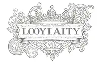 one straight sentence Loyalty over royalty text cursive font with a crown by loyalty and a money bag by royalty simple tattoo design idea