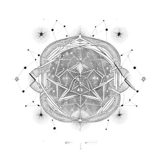 A constellation of Gemini formed by interconnected lines and code symbols, tree of life and the name George tattoo design idea