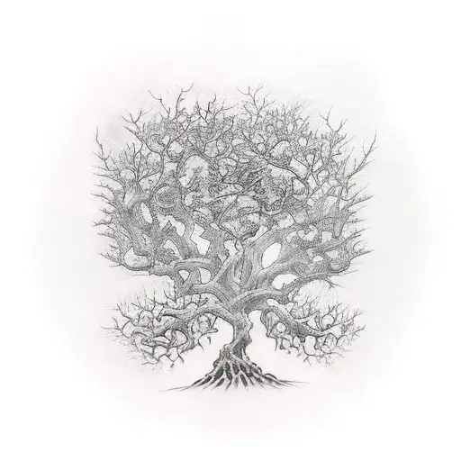 A mystic gothic tree with branches hanging and cobwebs, with spiders flowing down  tattoo design idea