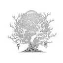 A mystic gothic tree with branches hanging and cobwebs, with spiders flowing down  tattoo design idea