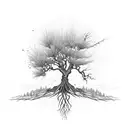 A mystic gothic tree with branches hanging and cobwebs, with spiders flowing down  tattoo design idea