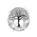 A mystic gothic tree with branches hanging and cobwebs, with spiders flowing down  tattoo design idea