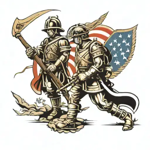 St. Florian shadow with firefighters inside his shadow with the American flag tattoo design idea