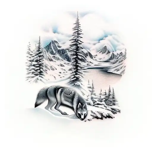 mountains, trees, river and wolf tattoo design idea