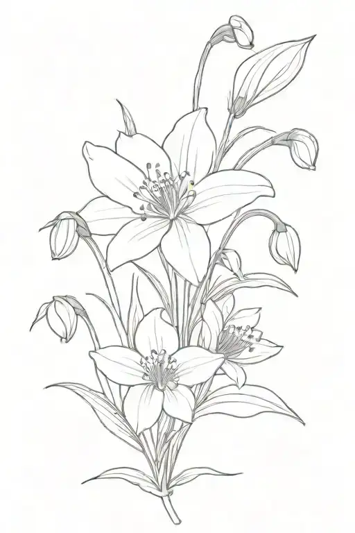 Create a bouquet of a snowdrop, violet, lily of the valley, water lily, poppy, and cosmo flowers. As a outline fine line tattoo design idea