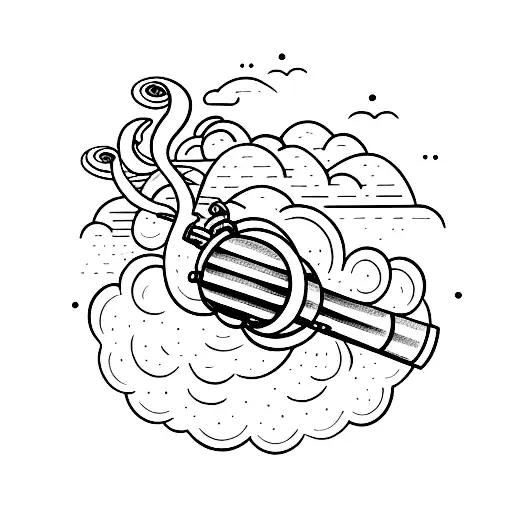 A minimalist tattoo of a vintage telescope surrounded by swirling coffee steam. tattoo design idea