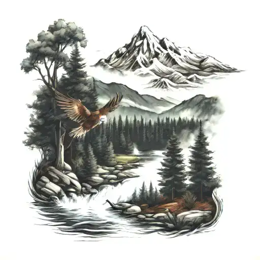 Forest, water, red kite, mountains tattoo design idea
