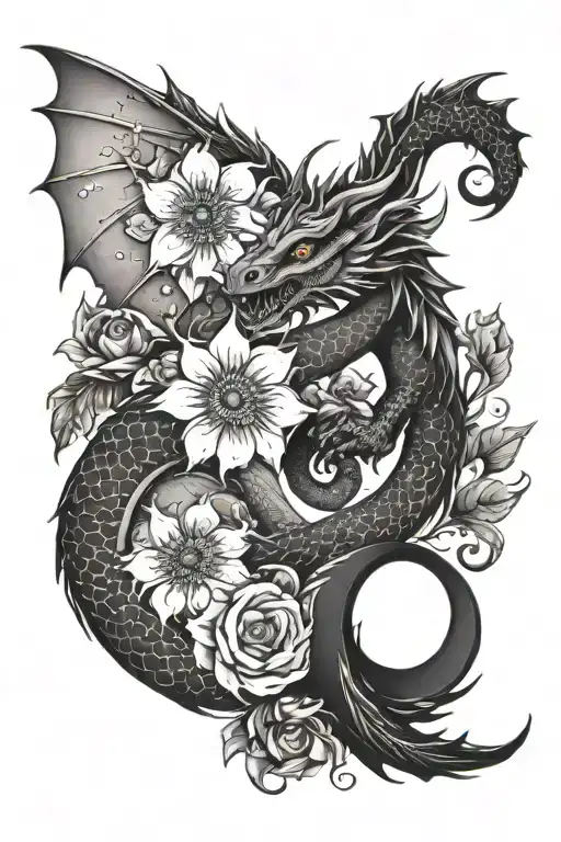 Cute dragon yin and yang with flowers pedals dropping  tattoo design idea