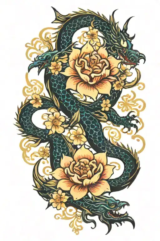 Cute dragon yin and yang with flowers pedals dropping  tattoo design idea