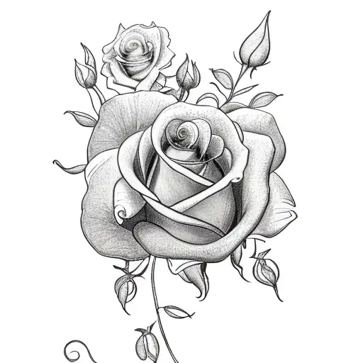 A delicate line drawing of a rose and jasmine bouquet, with the words 'unconditional love' incorporated in the stems tattoo design idea