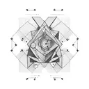 A geometric design incorporating mining tools and musical notes tattoo design idea