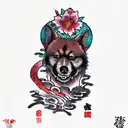 a japanese Sakura tree and shibu guard dog tattoo design idea