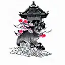 a japanese Sakura tree and shibu guard dog tattoo design idea