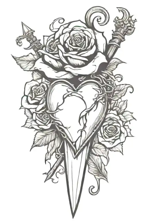 heart and roses and dagger  tattoo design idea