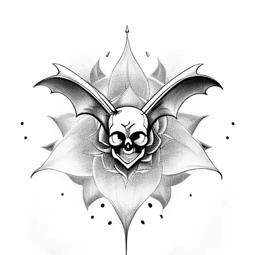 A skull with a lotus growing from it and a bat taking flight tattoo design idea