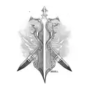 Gutt's dragon slayer sword pointing south, David Gemell's Snaga axe pointing north-east being the sword. tattoo design idea