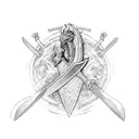 Gutt's dragon slayer sword pointing south, David Gemell's Snaga axe pointing north-east being the sword. tattoo design idea