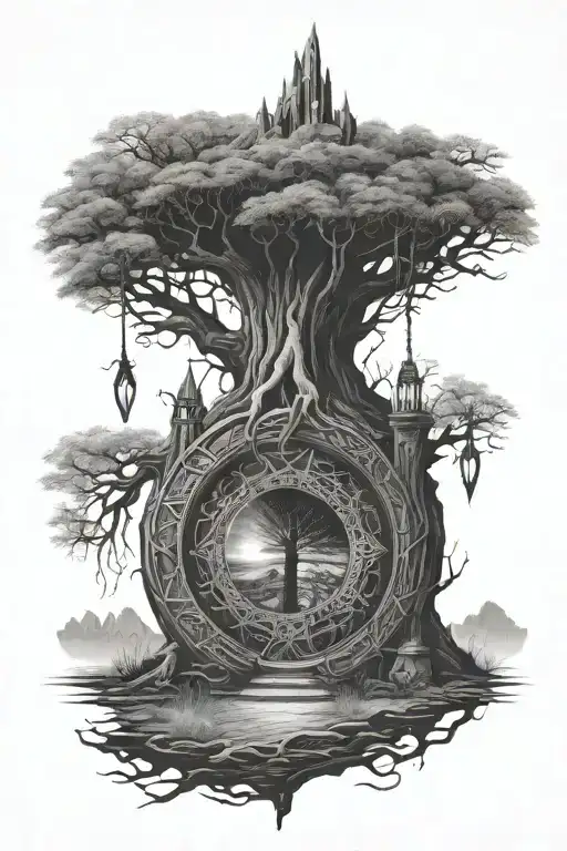lord of the rings doors of durin, hobbit hole, eye of sauron and tree of gondor tattoo design idea
