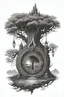 lord of the rings doors of durin, hobbit hole, eye of sauron and tree of gondor tattoo design idea