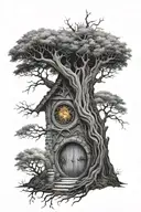 lord of the rings doors of durin, hobbit hole, eye of sauron and tree of gondor tattoo design idea
