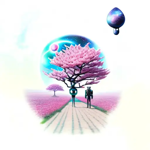 Robot walking on alien planet with pink cherry blossom trees, and a galaxy tattoo design idea