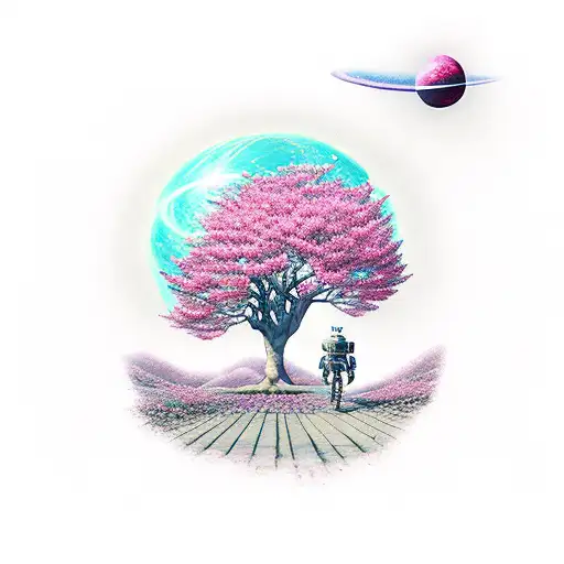 Robot walking on alien planet with pink cherry blossom trees, and a galaxy tattoo design idea