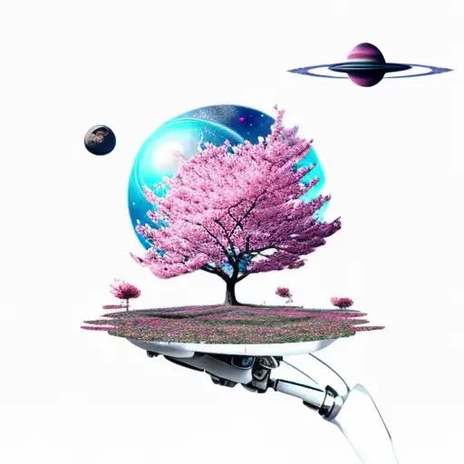 Robot walking on alien planet with pink cherry blossom trees, and a space galaxy sky tattoo design idea