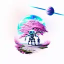 Robot walking on alien planet with pink cherry blossom trees, and a space galaxy sky tattoo design idea
