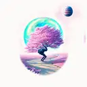 Robot walking on alien planet with pink cherry blossom trees, and a space galaxy sky tattoo design idea