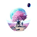 Robot walking on alien planet with pink cherry blossom trees, and a space galaxy sky tattoo design idea