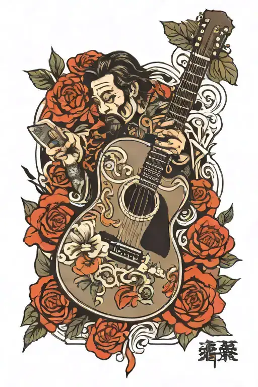guitar and pistol dad memorial tattoo design idea