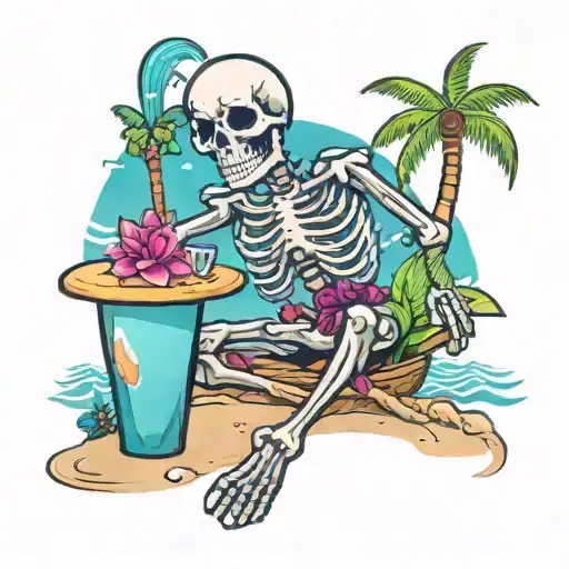 A skeleton enjoying a day at the beach with Miami Vice inspired colors tattoo design idea