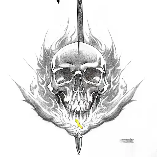 A sword engulfed in flames with a skull at its hilt tattoo design idea
