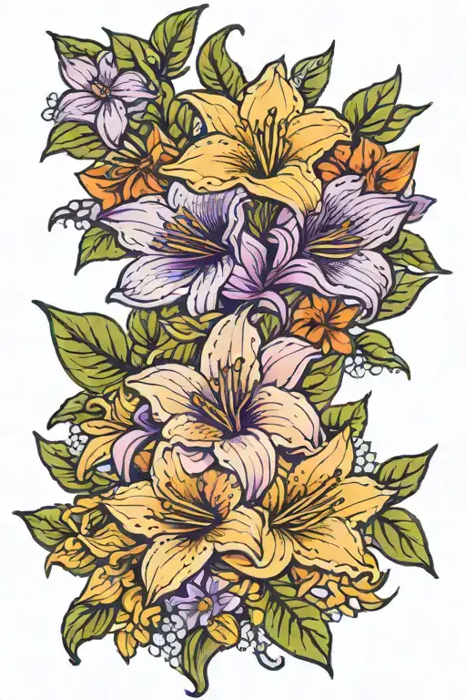 thigh tattoo flower intertwined orange lilys, purple morning glory's, daffodils and hosta leaves tattoo design idea