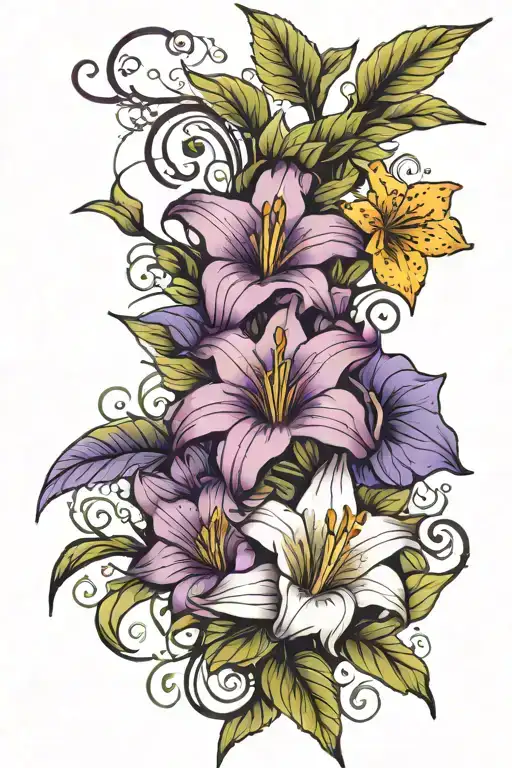 thigh tattoo purple morning glory’s, orange lilies and yellow daffodils with hosta leaves tattoo design idea