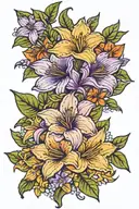 thigh tattoo flower intertwined orange lilys, purple morning glory's, daffodils and hosta leaves tattoo design idea