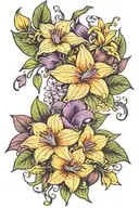 thigh tattoo flower intertwined orange lilys, purple morning glory's, daffodils and hosta leaves tattoo design idea
