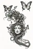 Medusa scary snakes and butterflies surrounding tattoo design idea