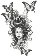 Medusa scary snakes and butterflies surrounding tattoo design idea