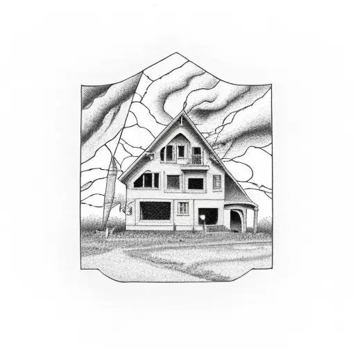 rearview mirror burning house and thunderstorm in rearview mirror tattoo design idea