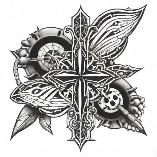 An intricate blackwork design featuring a cross made of airplane propellers, representing the client's faith and passion for aviation tattoo design idea