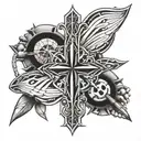 An intricate blackwork design featuring a cross made of airplane propellers, representing the client's faith and passion for aviation tattoo design idea