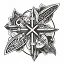 An intricate blackwork design featuring a cross made of airplane propellers, representing the client's faith and passion for aviation tattoo design idea