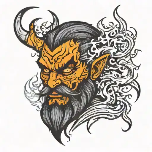 Evil demon style character with fire and flames only the face with beard mytho inspiration tattoo design idea