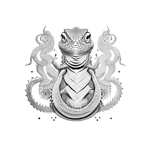 A sketch-style depiction of a bearded dragon intertwined with mystical symbols, best quality tattoo design idea
