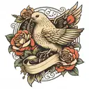 A dove carrying roses with a ribbon tattoo design idea